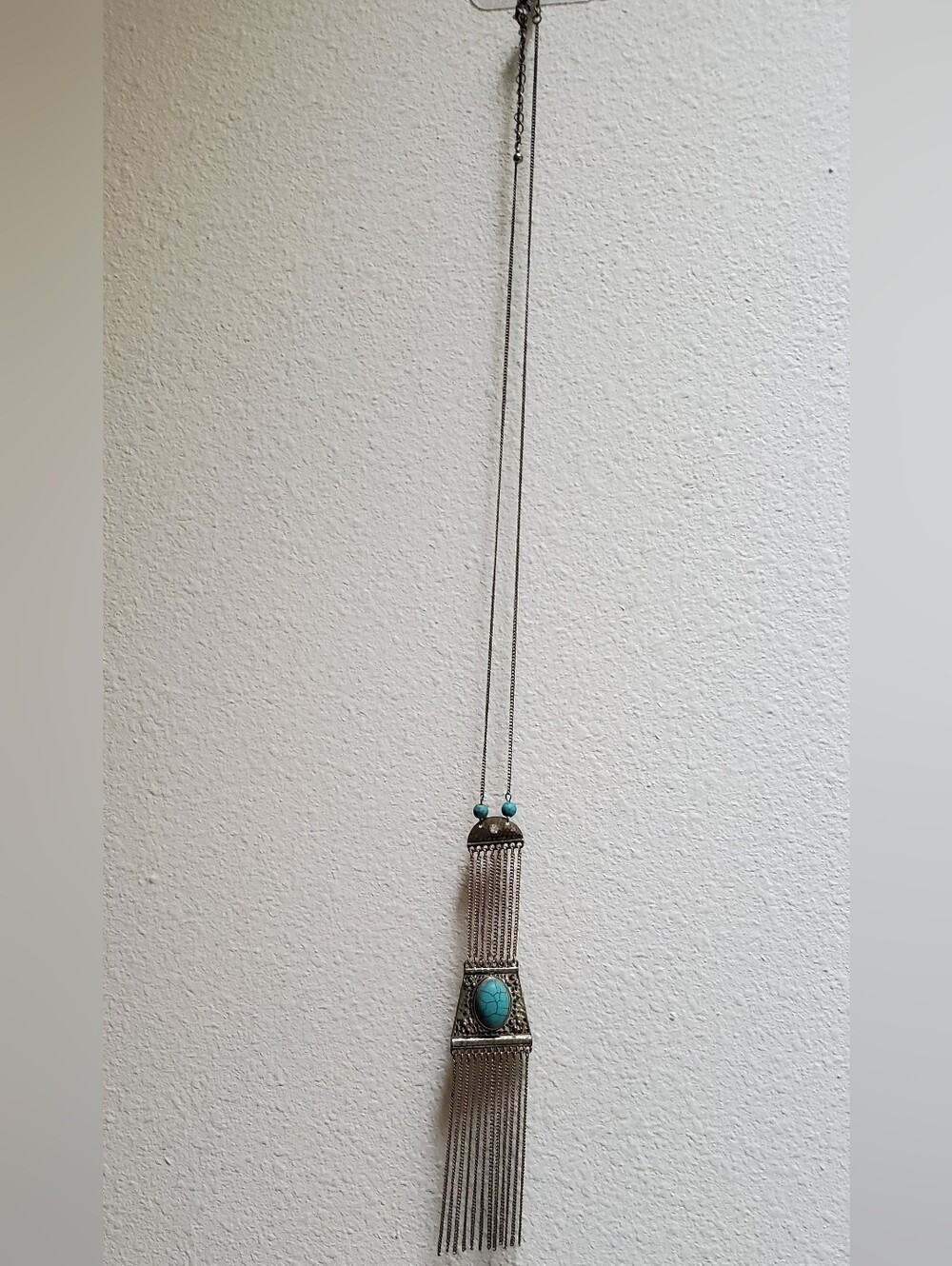 Boho Silver-Tone Turquoise Fringe Pendant Necklace - Women Jewelry